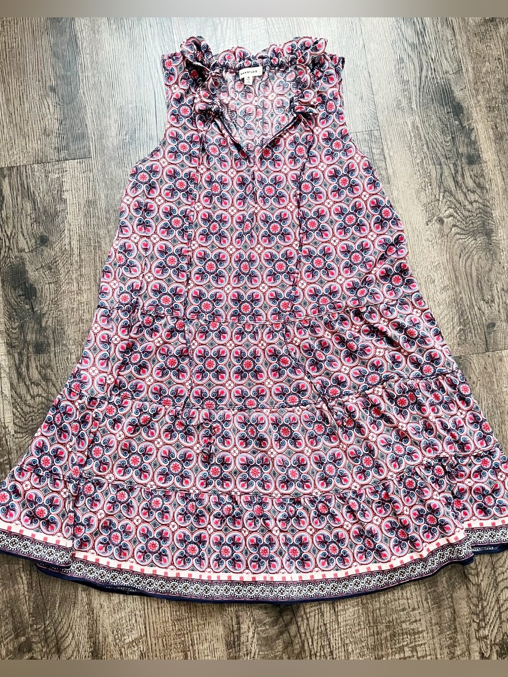 Max Studio Medium Sleeveless Red Blue Patterned Tiered Women's Dress Ruffled Tie